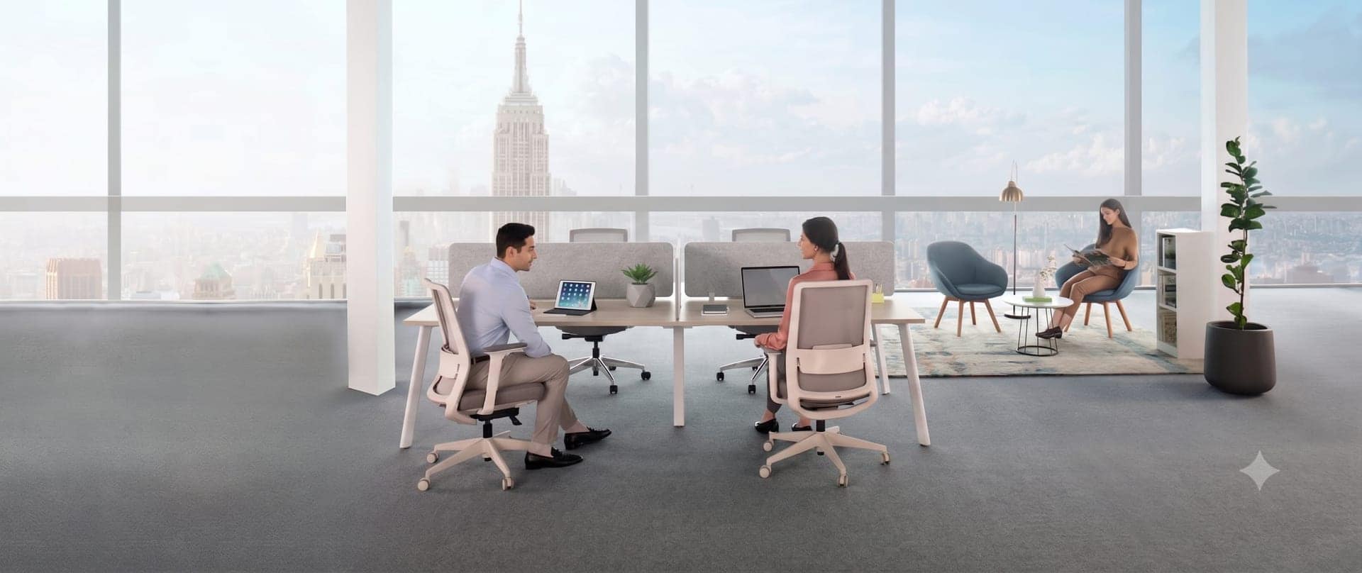Open-plan bench desking with task chairs and a city skyline beyond