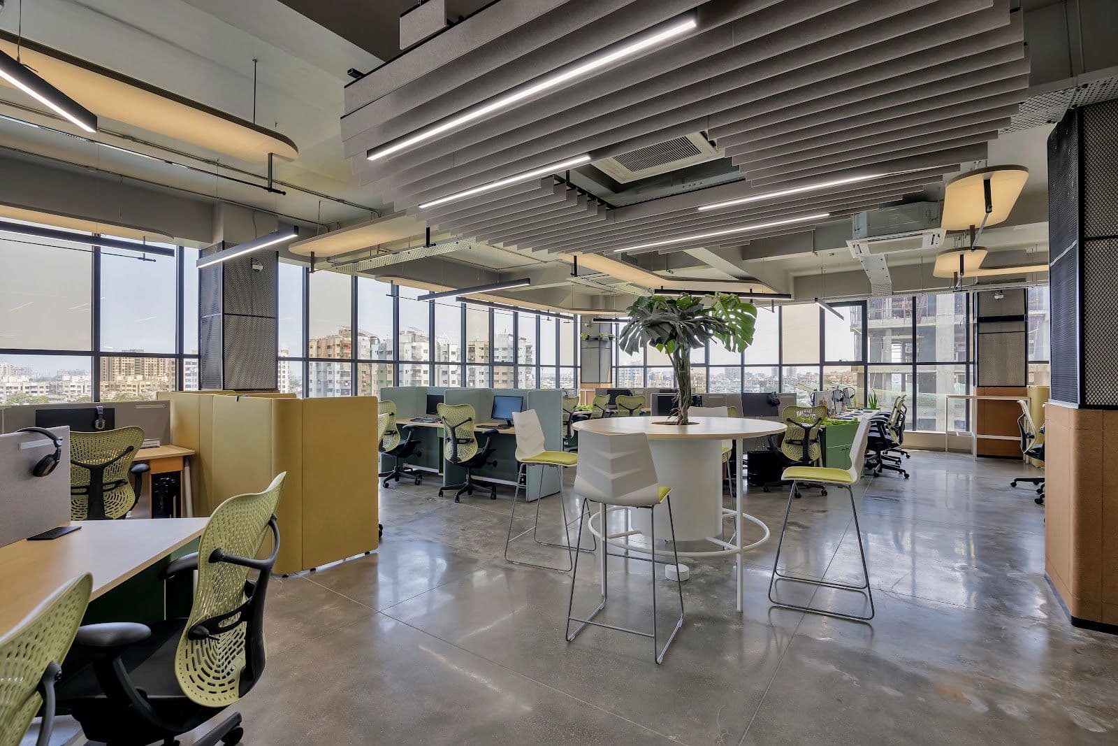 Open-plan bench desking installed on a finished floor